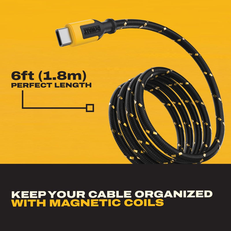 DEWALT Magnetic USB-C Cable 6ft – 60W PD Fast Charging Cord with USB-A Adapter