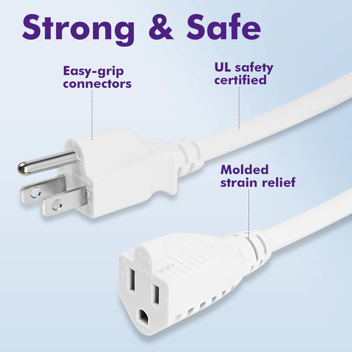 2-Pack Heavy-Duty Extension Cord, 3-Prong Outlet Saver, NEMA 5-15P to NEMA 5-15R, Short Power Extension Cord 1625W 13A 16 AWG, UL Listed, White, 3 ft