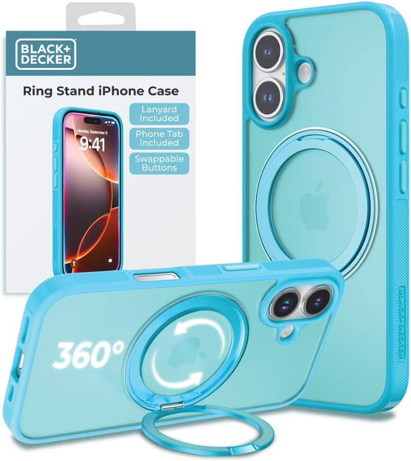 BLACK+DECKER iPhone 16 Case – 360° Rotating Ring Stand, MagSafe & Lanyard