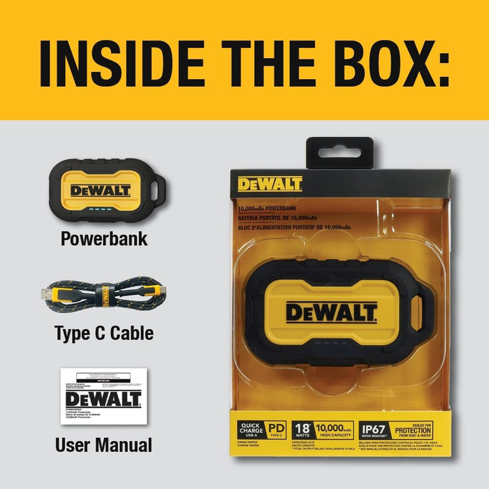 DEWALT Heavy Duty Portable Charger, 10,000mAh Power Bank w/USB-C Port, Fast Charging Battery Pack for iPhone 15/14/13 Series, Samsung Galaxy & More