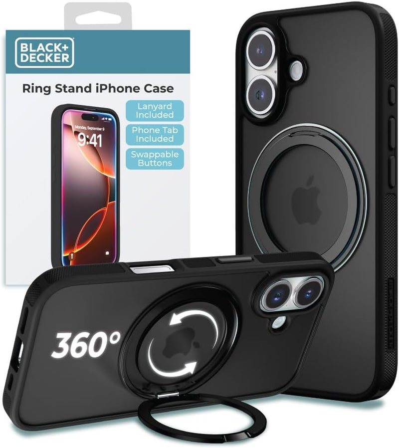 BLACK+DECKER iPhone 16 Case – 360° Rotating Ring Stand, MagSafe & Lanyard