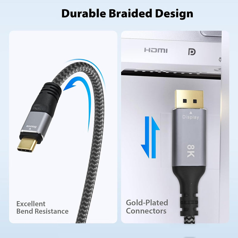 Cyberguys USB-C to DisplayPort 1.4 Cable – 8K@60Hz, 4K@240Hz Braided Cord