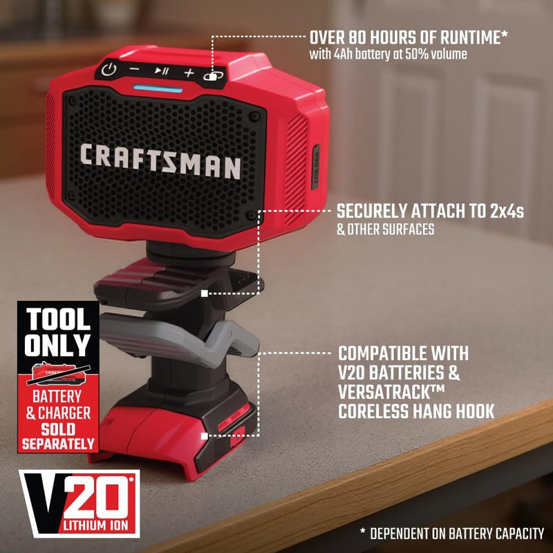 CRAFTSMAN 10W Bluetooth Jobsite Speaker with Clamp, 76+ Hour Runtime & USB-C Device Charging, Tool Only