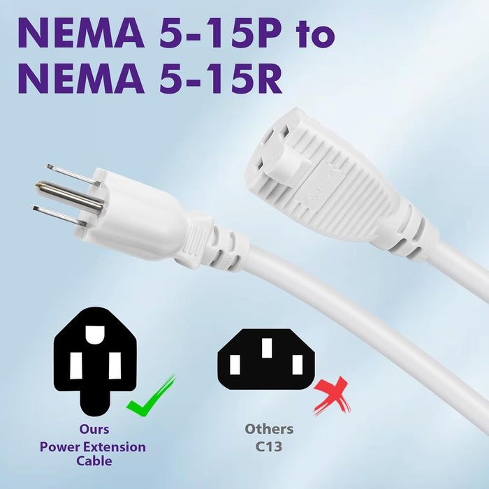 2-Pack Heavy-Duty Extension Cord, 3-Prong Outlet Saver, NEMA 5-15P to NEMA 5-15R, Short Power Extension Cord 1625W 13A 16 AWG, UL Listed, White, 3 ft