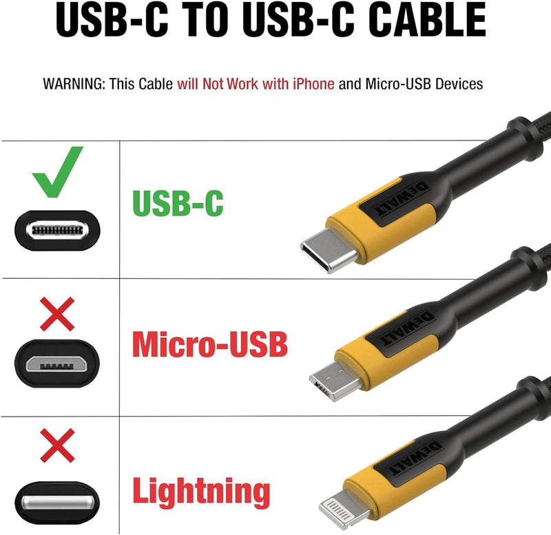 DEWALT Heavy Duty USB-C Cables (2-Pack, 6ft) – 60W Fast Charging, Braided Type-C