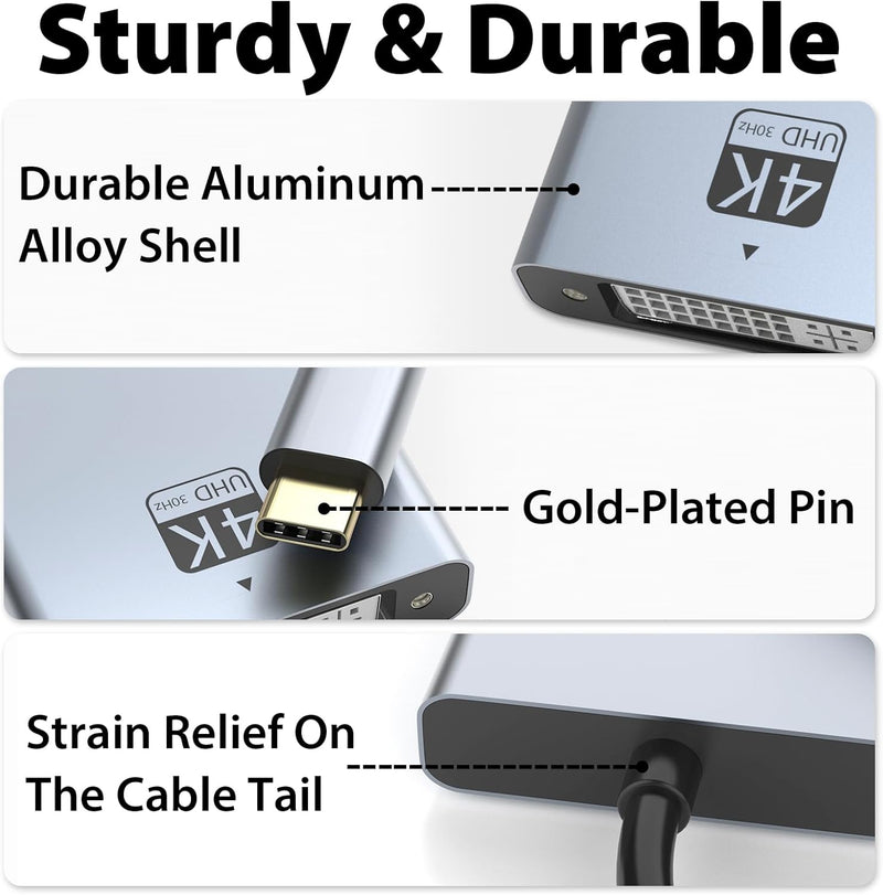 Cyberguys USB-C to DVI Adapter – Type-C to DVI Converter, 4K@30Hz Plug & Play Video