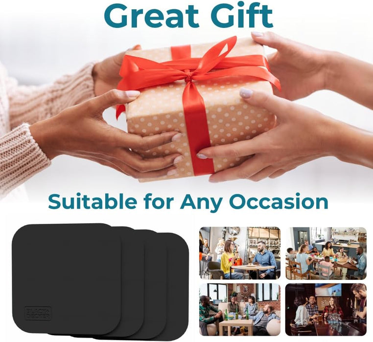 BLACK+DECKER Square Coasters Set of 4, Water-Resistant Coasters for Drinks, Flexible Durable 4" Drink Coaster for Tabletop Protection, Coffee Table Decor Ideal for Home Decor (Black)