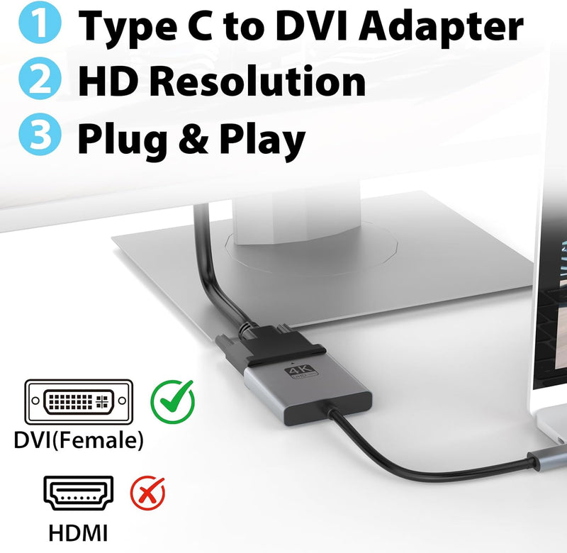 Cyberguys USB-C to DVI Adapter – Type-C to DVI Converter, 4K@30Hz Plug & Play Video
