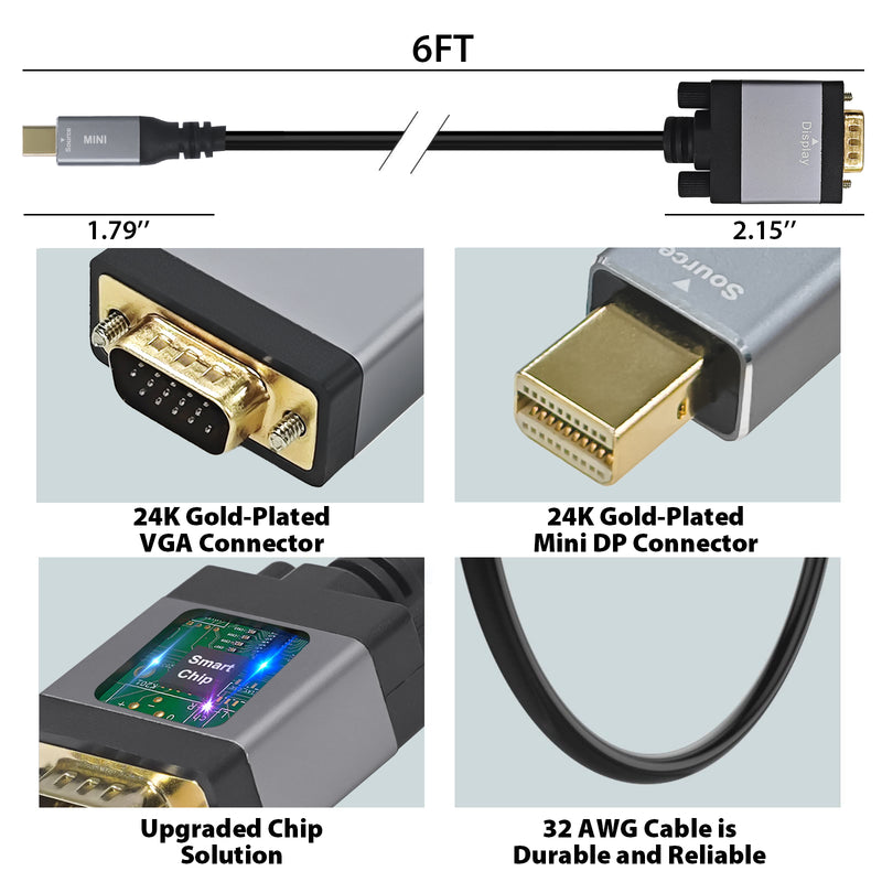 Cyberguys Mini DisplayPort to VGA Cable – 6ft 1080p Adapter