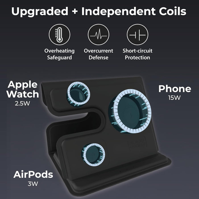 BLACK+DECKER 3 in 1 Charging Station for Apple Multiple Devices, Wireless Foldable Travel Charger for Multiple Devices iPhone 16 15 14 13 Pro Max Plus & Apple Watch Series/AirPods