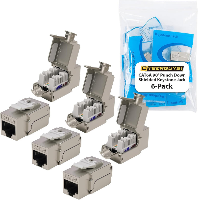 Cyberguys 90° Shielded CAT6A Keystone Jacks 6-Pack – Metal Housing