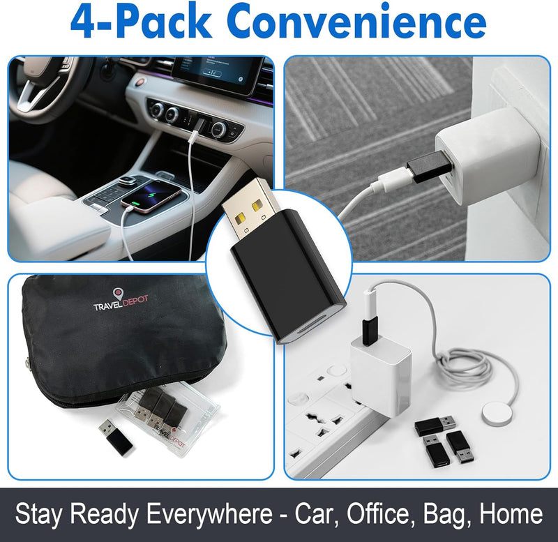 TRAVEL DEPOT USB to USB-C Adapter 4-Pack – Female USB-C to USB-A Male Converter, 5Gbps USB 3.0 OTG Charger Adapter for iPhone, iPad, Samsung Galaxy, Apple Watch, AirPods