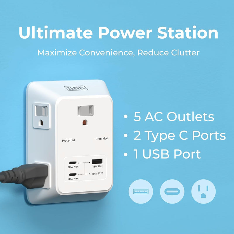 BLACK+DECKER 5-Outlet Surge Protector Wall Charger – 2 USB-C PD & USB-A Fast Charging Ports