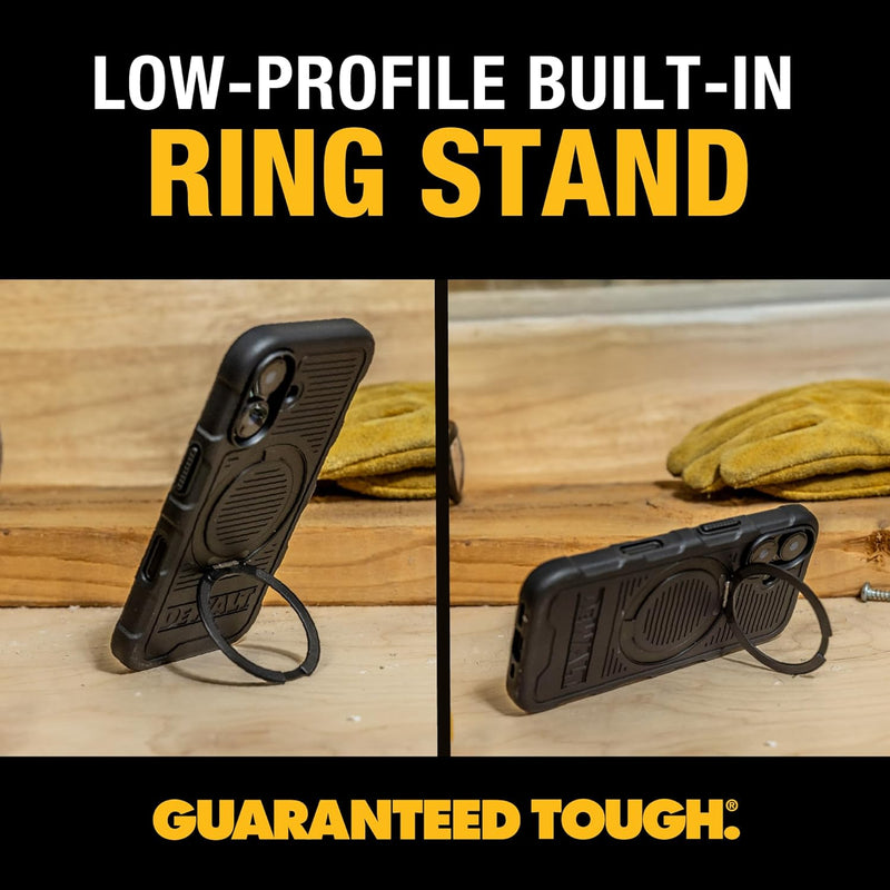 DEWALT 360° Magnetic Ring Case for iPhone 16 – Heavy-Duty, Kickstand & Grip