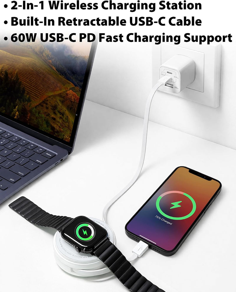 Travel Depot 2-in-1 Wireless Charger with Retractable USB-C Cable, 60W Fast