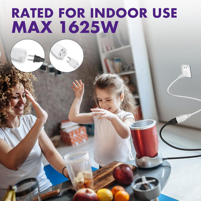 2-Pack Heavy-Duty Extension Cord, 3-Prong Outlet Saver, NEMA 5-15P to NEMA 5-15R, Short Power Extension Cord 1625W 13A 16 AWG, UL Listed, White, 3 ft