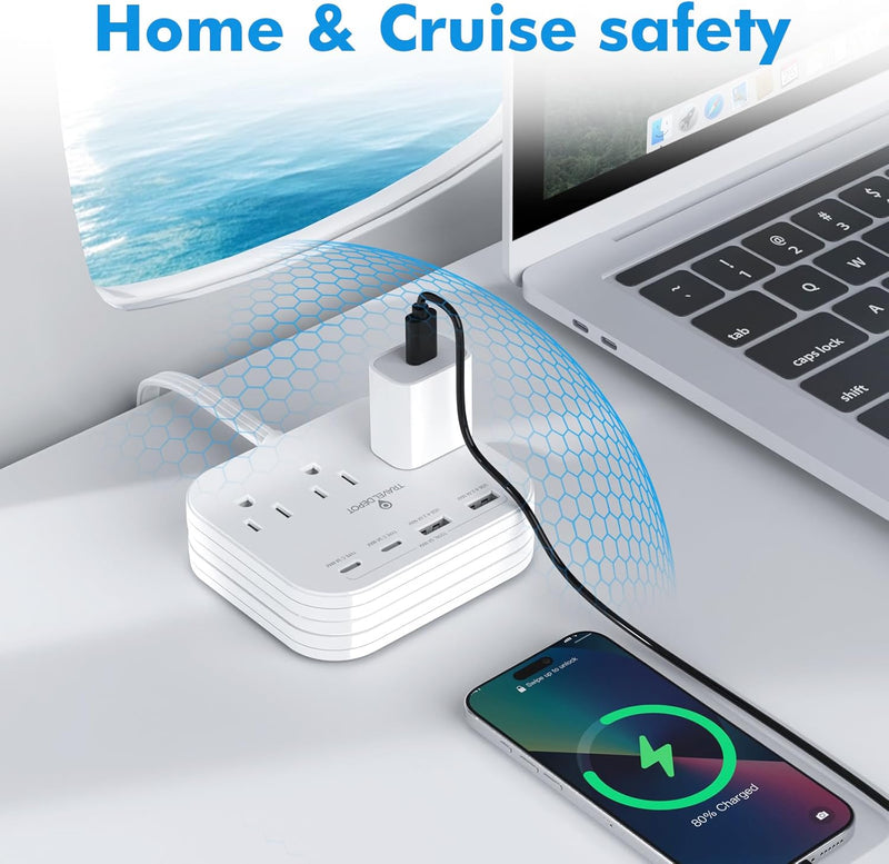 Cruise Essentials Flat Plug Power Strip – 5ft Extension Cord w/ 3 Outlets & 4 USB Ports