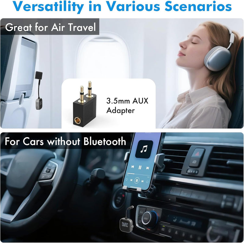 TRAVEL DEPOT Bluetooth Transmitter Receiver for Airplane & TV – Wireless 2-Device Adapter w/HD Display, Low Latency 3.5mm AUX Jack, Bluetooth 5.3