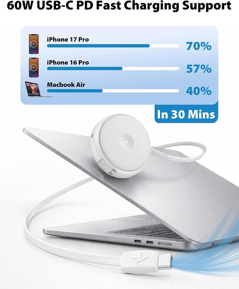 Travel Depot 2-in-1 Wireless Charger with Retractable USB-C Cable, 60W Fast
