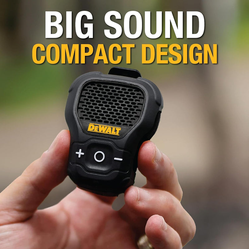 DEWALT Wearable Bluetooth Speaker [Onyx Edition - Black], Clip-On Wireless Jobsite Pro, Water-Repellent Portable Speaker (Non-Magnetic) w/Mic for Hands-Free Calls, Compact Mini Bluetooth Speaker