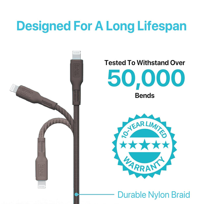 BLACK+DECKER Lightning to USB Cable - Fast Compatible iPhone Lightning Cable - Durable Braided iPhone Charger Cord - for Travel and Daily Use - Multiple Color + Length Options