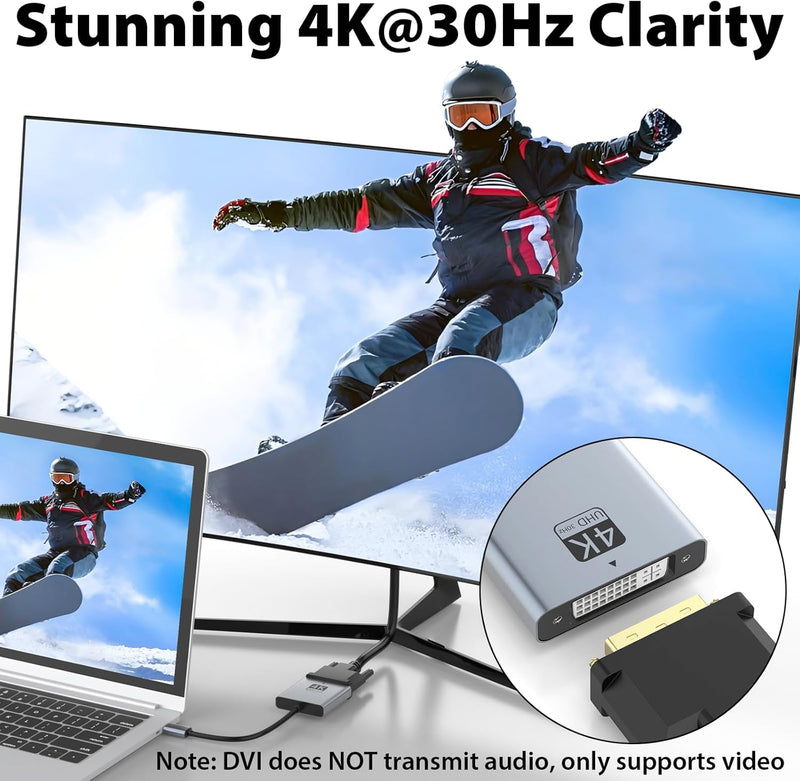 Cyberguys USB-C to DVI Adapter – Type-C to DVI Converter, 4K@30Hz Plug & Play Video