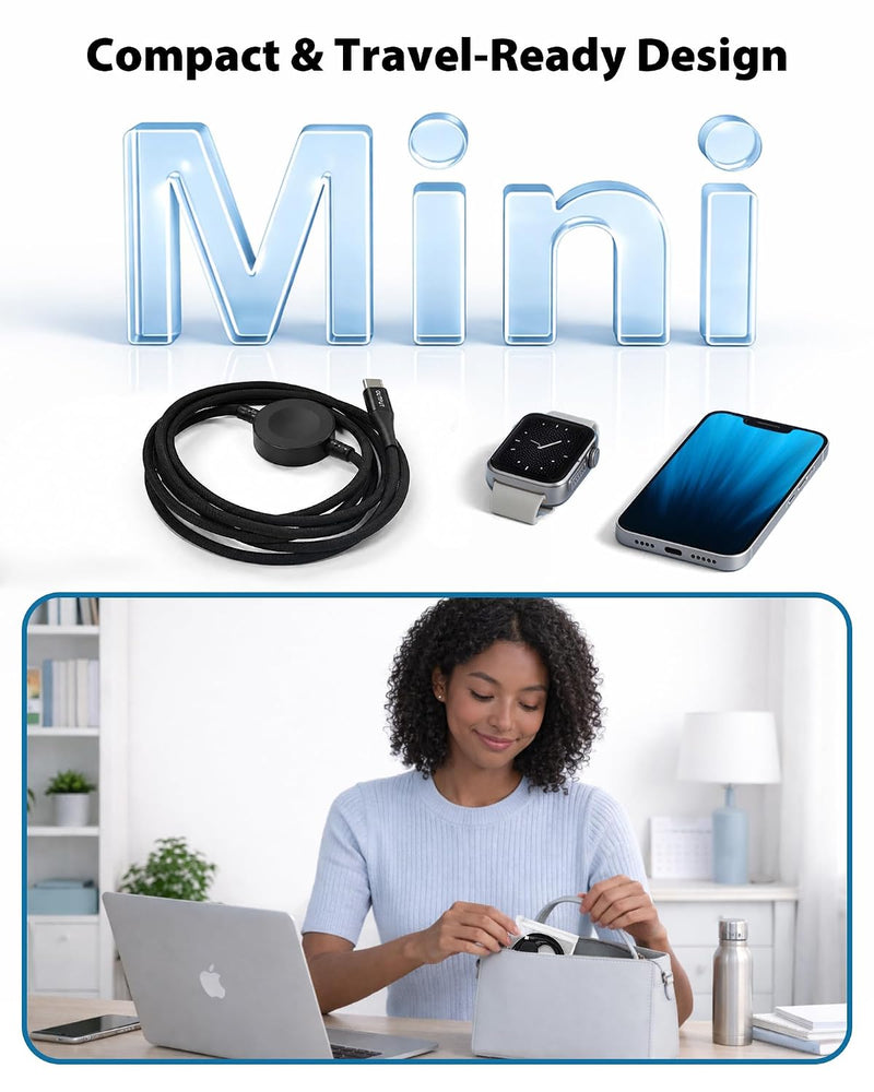 Travel Depot 2-in-1 USB-C Cable with Apple Watch Charger – Type-C Fast Charging with Built-In Watch Charging Module, 95W PD Data Sync, Braided Travel Cable with Storage Pouch