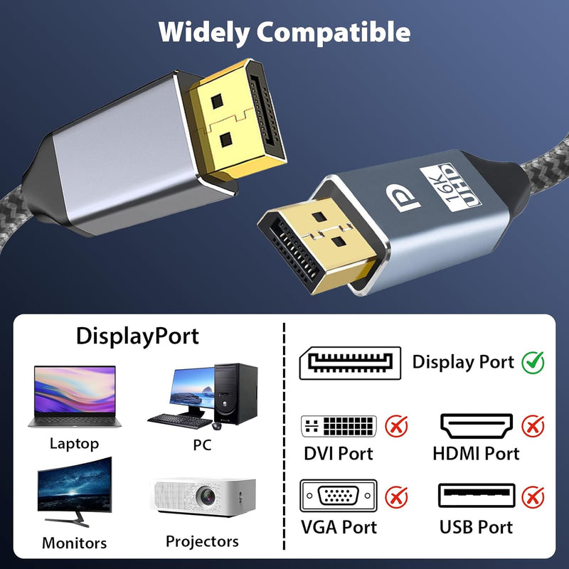 Cyberguys DisplayPort 2.1 Cable (6ft) – Braided DP Cord, 16K@60Hz, 8K@120Hz, Gold-Plated, VESA Certified