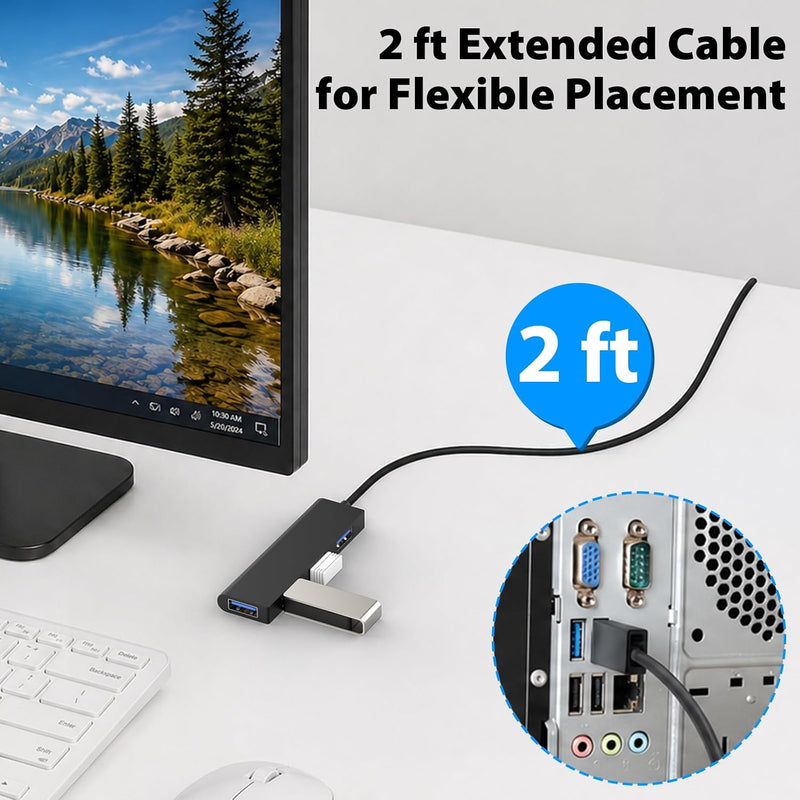 Cyberguys 4-Port USB 3.0 Hub with Power Port, Slim Portable Splitter – 2ft