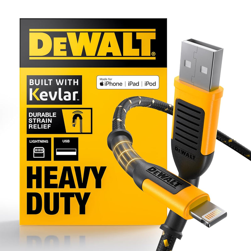 DEWALT Heavy Duty USB to Lightning Cable – Apple Certified Fast Charging Cord for iPhone, iPad, AirPods