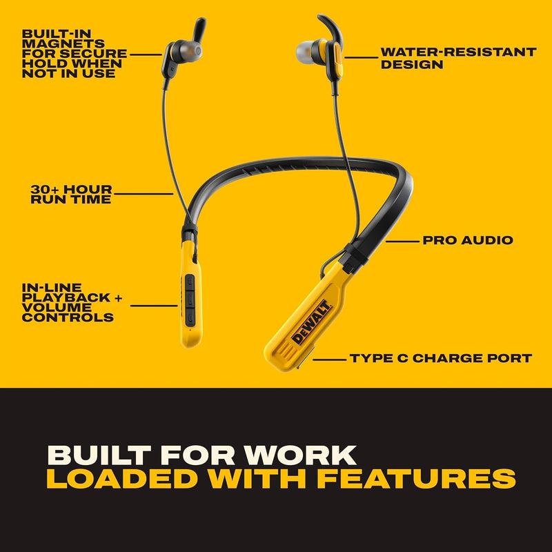 DEWALT Neckband Earphones Gift Bundle with Carrying Case and Carabiner