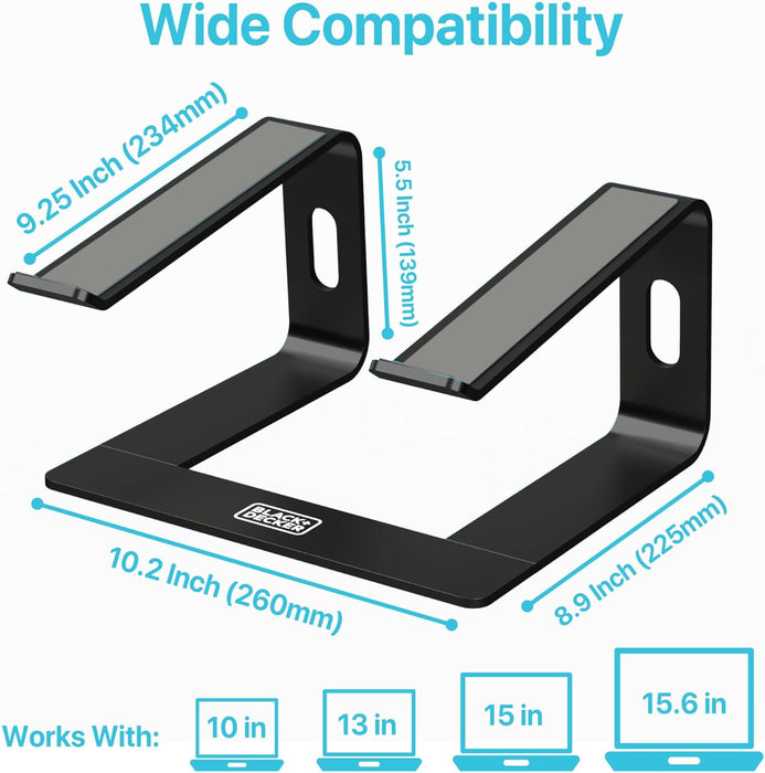 BLACK+DECKER Laptop Stand for Computer Desk, Ergonomic Laptop Stand for Desk, Laptop Riser Compatible with MacBook Notebook, Laptop Holder, Durable Aluminum Computer Riser Accessories