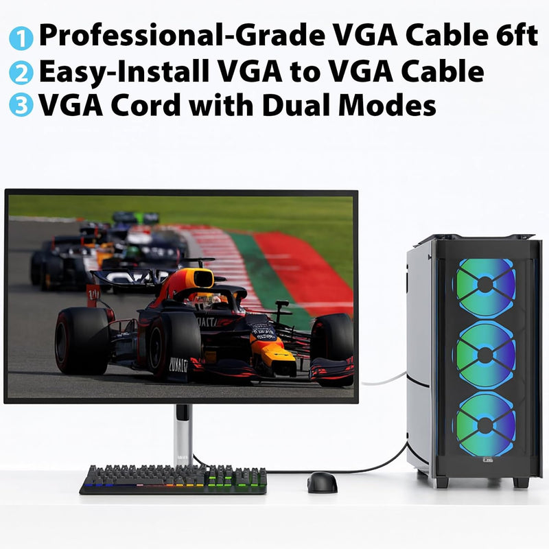 Cyberguys VGA Cable (6ft) – Secure-Latch Gold-Plated VGA Cord for Monitor, Projector & PC