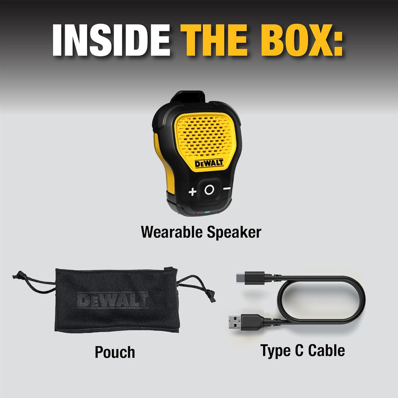 DEWALT Wearable Bluetooth Speaker – Updated Clip-On Portable Jobsite Speaker, Water-Resistant (Non-Magnetic) w/Built-in Mic for Hands-Free Music & Calls – Yellow