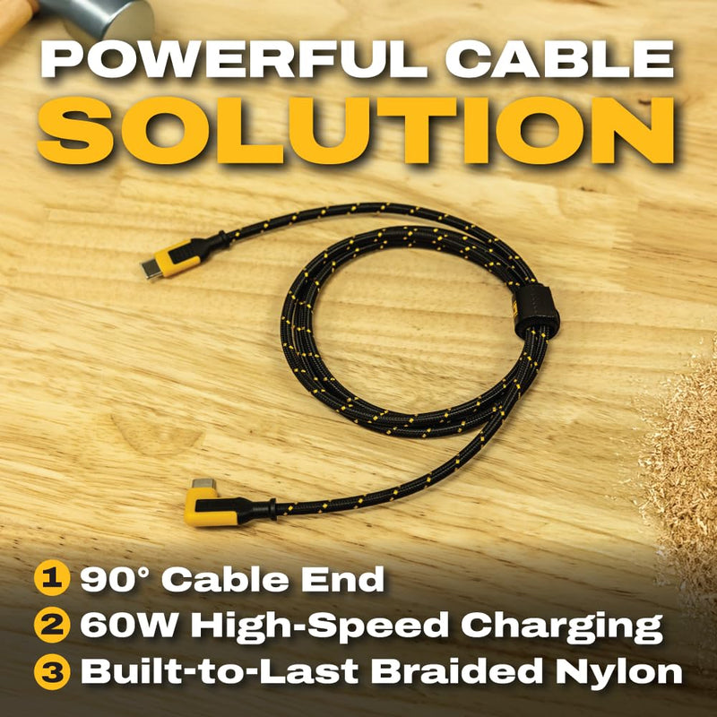 DEWALT Heavy Duty Right Angle USB-C Cable – 60W PD Type-C to Type-C 90° Connector, Fast Charging Cord for iPhone, MacBook, iPad, Samsung Galaxy, Pixel, Switch