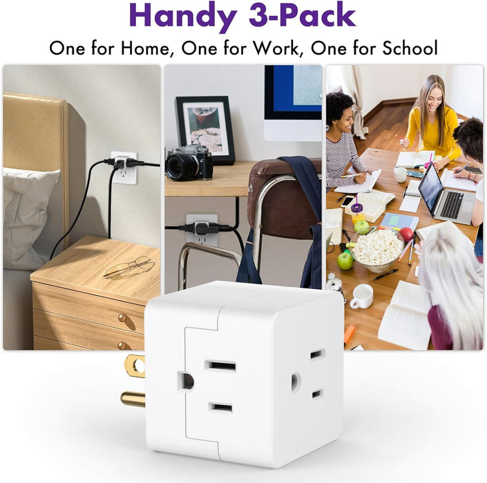 3-Outlet Extender, 3 Pack, Grounded Wall Tap, Adapter Spaced 3-Prong AC Outlet Multi Plug Expander, Power Splitter, Cruise Essentials, Use for Home Office School Dorm, UL Listed, White