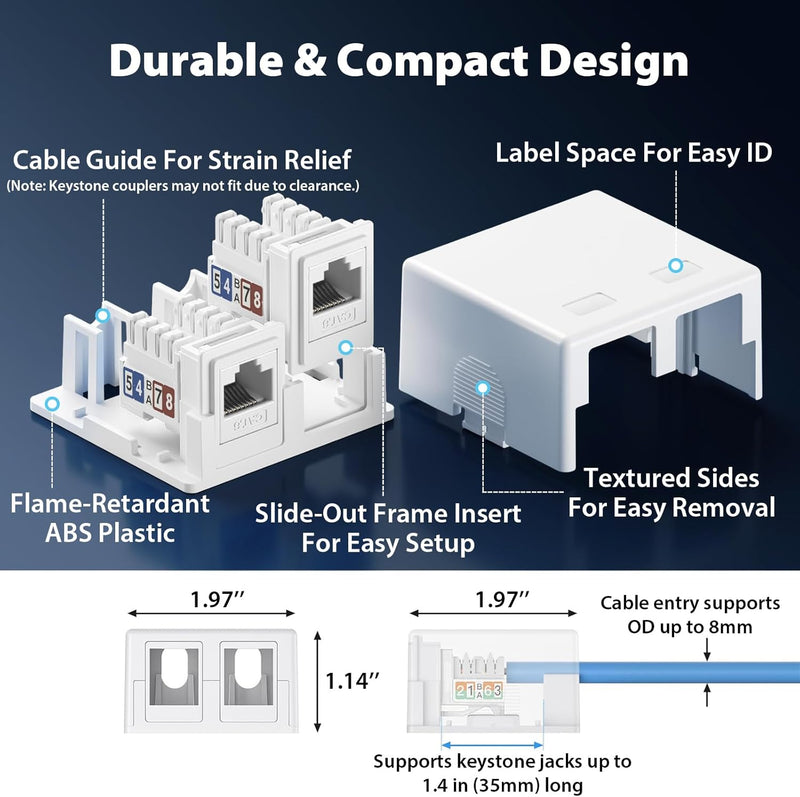 Cyberguys Keystone Jack Surface Mount Box, Wall or Desk Install – 5-Pack