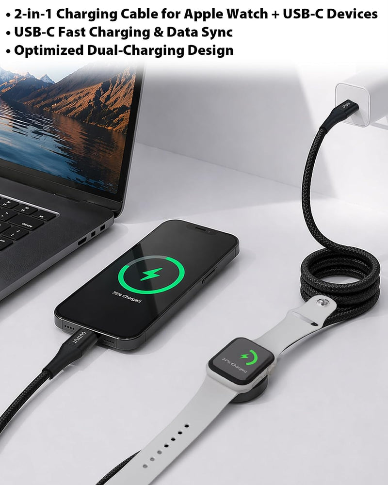 Travel Depot 2-in-1 USB-C Cable with Apple Watch Charger – Type-C Fast Charging with Built-In Watch Charging Module, 95W PD Data Sync, Braided Travel Cable with Storage Pouch