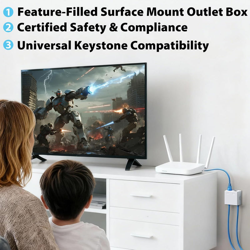 Cyberguys Keystone Jack Surface Mount Box, Wall or Desk Install – 5-Pack