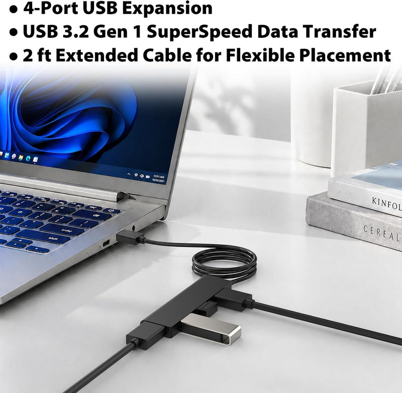 Cyberguys 4-Port USB 3.0 Hub with Power Port, Slim Portable Splitter – 2ft