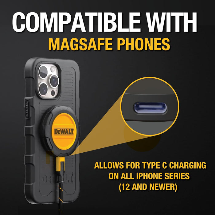 DEWALT Heavy Duty Wireless Charger, 15W Max Cell Phone Charger, Fast Wireless Charging Pad for MagSafe Compatible iPhone 16/16 Plus/16 Pro Max/15/14/13/12, Includes Wall Mounting Plate (No AC Adapter)