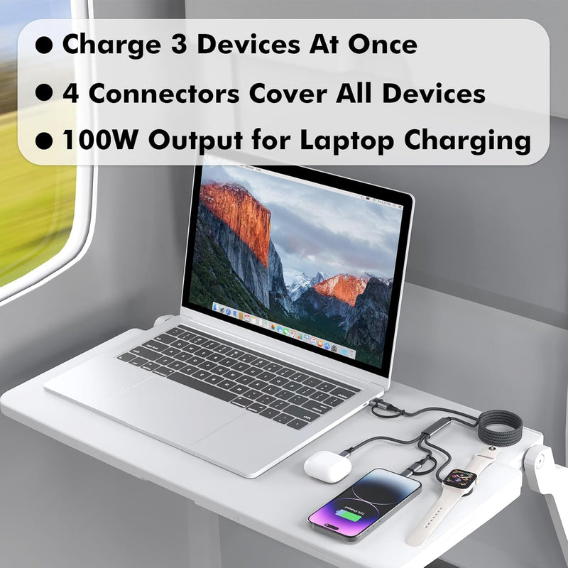 4-in-1 Multi Charging Cable – 100W USB-C Fast Charger for iPhone, Samsung & Apple Watch