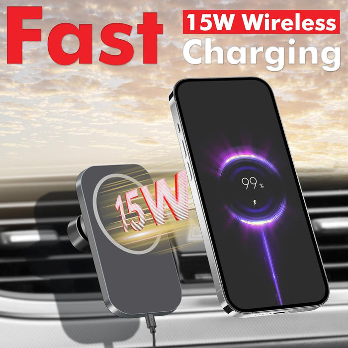 15W Mag Safe Car Mount Charger, Magnetic Phone Holders for Your Car, Wireless Ultra Magnetic Vehicle Mount Charger Vent Fits iPhone 16/15/14/13/12 Pro Max Mag Safe Case