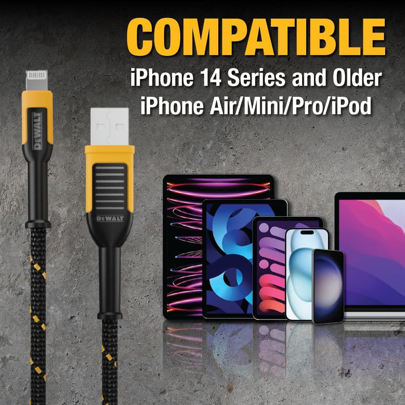 DEWALT Heavy Duty iPhone Charger Cords (2-Pack, 4ft) – MFi Certified Lightning to USB