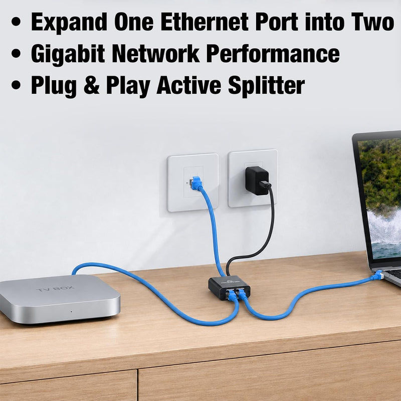 Cyberguys Gigabit Ethernet Splitter 1 to 2, USB Powered Active RJ45 Adapter