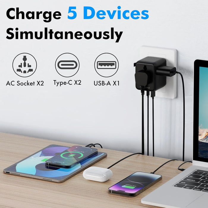 Universal GaN Travel Adapter – 5-in-1 USB/AC, Global Charging