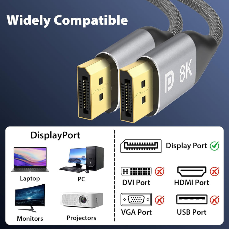 Cyberguys DisplayPort 1.4 Cable (6ft) – Braided DP to DP Cord, 8K@60Hz, 4K@144Hz, HDR, Gold-Plated