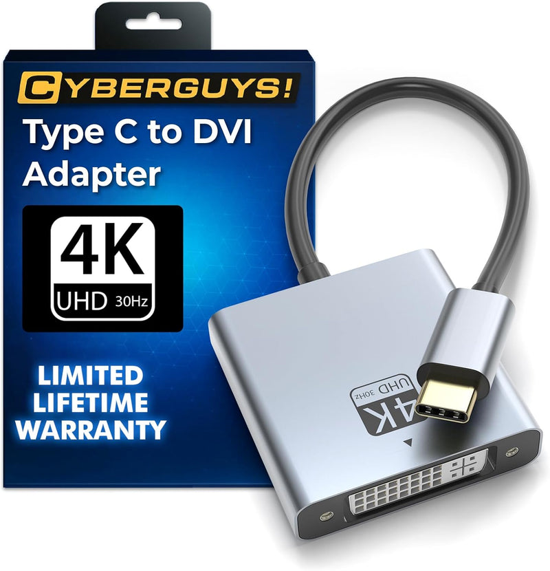 Cyberguys USB-C to DVI Adapter – Type-C to DVI Converter, 4K@30Hz Plug & Play Video