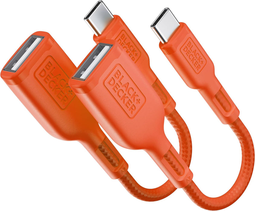 BLACK+DECKER USB-C to USB-A Adapter – Nylon Braided 2-Pack OTG Cable for iPhone, MacBook, iPad