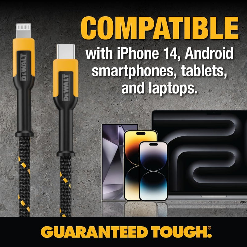 DEWALT Heavy Duty USB-C to Lightning Cables (2-Pack, 4ft) – Fast Charging, MFi Certified